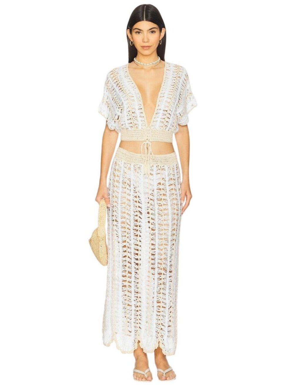 MORE TO COME Mayla Skirt Set in White And Taupe Small Medium New Womens